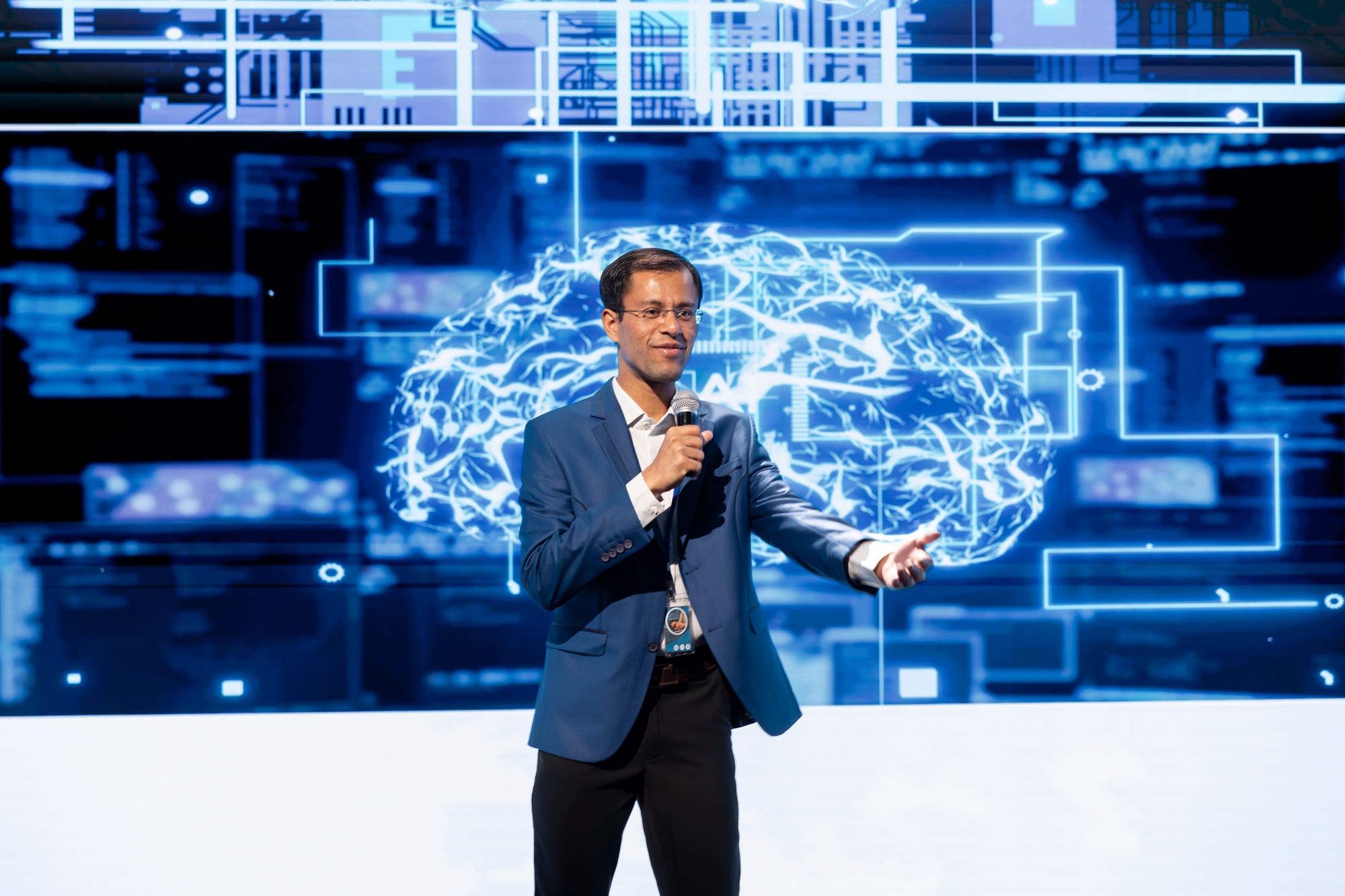 Cheerful public speaker hosting AI convention gathering AI tech startups